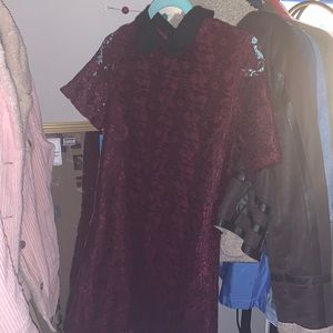 Burgundy Floral Pattern Mini Dress w/Black Collar